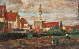 Tina Blau, Ansicht von Veere mit dem Rathausturm, 1906/1908, Öl auf Holz, 15 × 24 cm, Landesmus ...