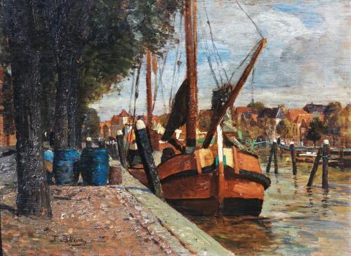 Tina Blau, Dordrecht (rotes Schiff), 1907, Öl auf Holz, 28 × 38 cm, Privatbesitz, Wien