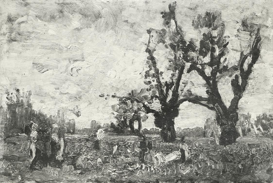 Tina Blau, Herbst. Prater, um 1883, Öl auf Holz, 23 × 34 cm, unbekannter Verbleib