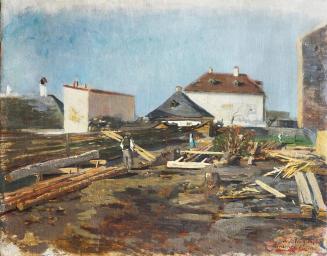 Tina Blau, Hausbau am Stadtrand von München, 1878, Öl auf Leinwand, doubliert, 32 × 41 cm, Leop ...