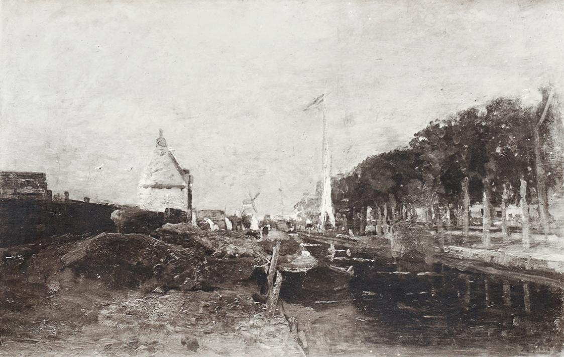 Tina Blau, Kanal beim Vondelpark, Amsterdam, 1875, Öl auf Holz, 43 × 64,5 cm, unbekannter Verbl ...