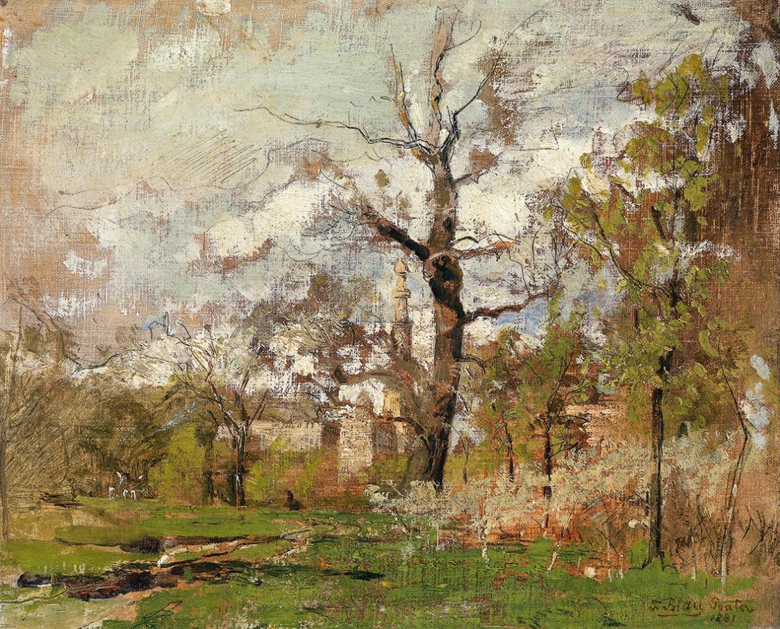 Tina Blau, Frühling. Prater, 1878/1881, Öl und Bleistift auf Leinwand, 25 × 30,5 cm, Privatbesi ...