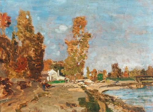 Tina Blau, An der Isar bei München, um 1884, Öl auf Malkarton, 23,5 × 31 cm, Privatbesitz