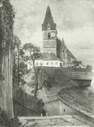 Tina Blau, Kirche und Schulhaus in Weissenkirchen, 1910, Öl auf Leinwand, unbekannter Verbleib