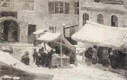 Tina Blau, Jahrmarkt in Hofgastein, 1916, Öl auf Holz, 17,5 × 27 cm, Privatbesitz, New York