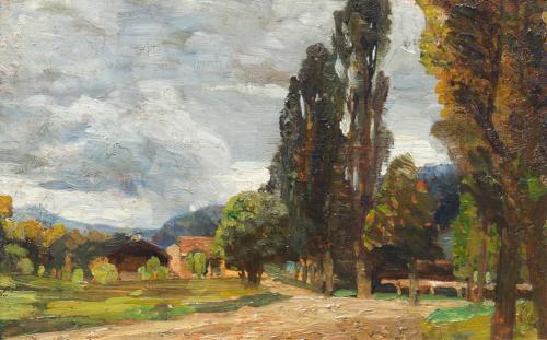Tina Blau, Pappeln in Schladming, 1903, Öl auf Holz, 17,2 × 26,5 cm, Privatbesitz, Wien