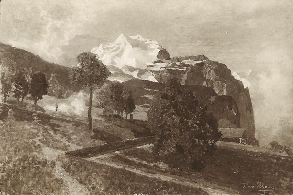 Tina Blau, Die Jungfrau mit Silberhörnern von Wengen aus, 1899, Öl auf Leinwand, 55 × 81 cm, un ...