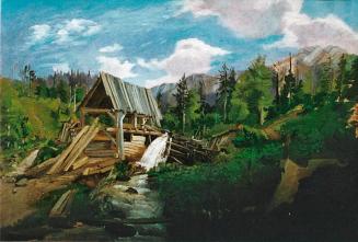 Tina Blau, Landschaft mit verfallener Mühle, um 1860/1861, Öl auf dünnem Karton, kaschiert auf  ...