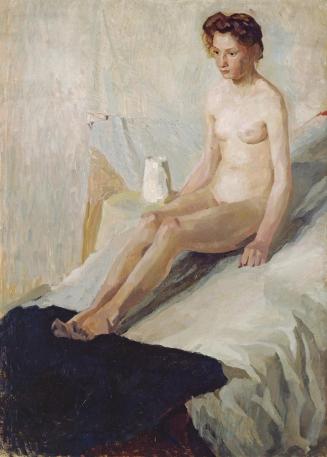 Alfred Wickenburg, Mädchenakt auf Bett sitzend, 1909/1910, Öl auf Leinwand, 141 × 100 cm, Priva ...