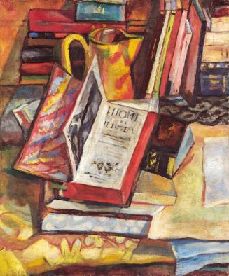 Alfred Wickenburg, Stillleben mit Büchern und gelber Kanne, 1924, Öl auf Leinwand, 112 × 93 cm, ...