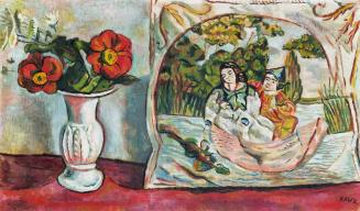 Alfred Wickenburg, Rote Blumen mit Kissen, 1932, Öl auf Leinwand, 63,5 × 105,5 cm, Privatbesitz