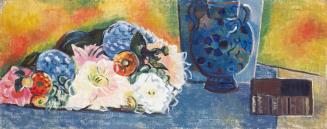 Alfred Wickenburg, Blumen und blaue Vase, 1933, Öl auf Leinwand, 48 × 119,5 cm, Privatbesitz