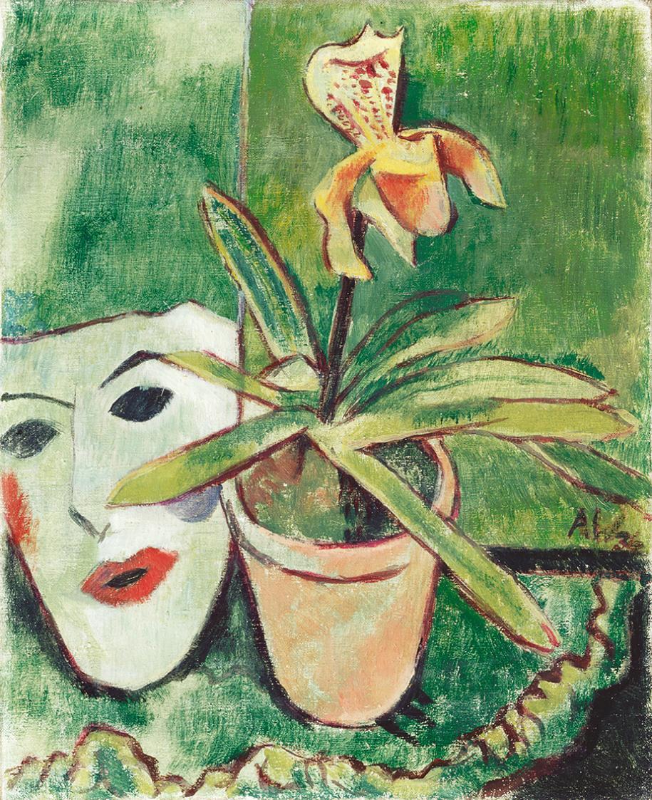 Alfred Wickenburg, Orchidee mit Maske, 1936, Öl auf Leinwand, 49,5 × 40 cm, Privatbesitz, Graz