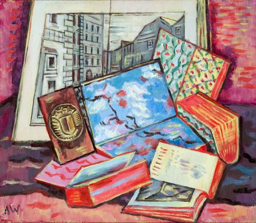 Alfred Wickenburg, Bücherstillleben II, 1937, Öl auf Leinwand, 57,3 × 66,2 cm, Neue Galerie Gra ...