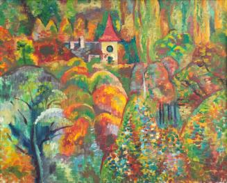 Alfred Wickenburg, Herbstlicher Wald mit rotem Turmdach, 1942, Öl auf Leinwand, 54 × 64 cm, Pri ...
