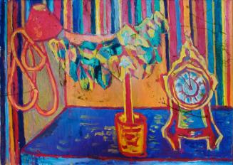 Alfred Wickenburg, Stillleben mit Uhr, 1969, Öl auf Leinwand, 100 × 140 cm, Verbleib unbekannt