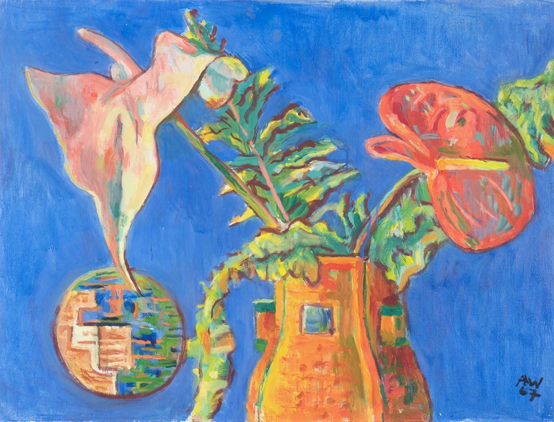 Alfred Wickenburg, Anthurium auf Blau, 1967, Öl auf Leinwand, 52,5 × 69 cm, Privatbesitz