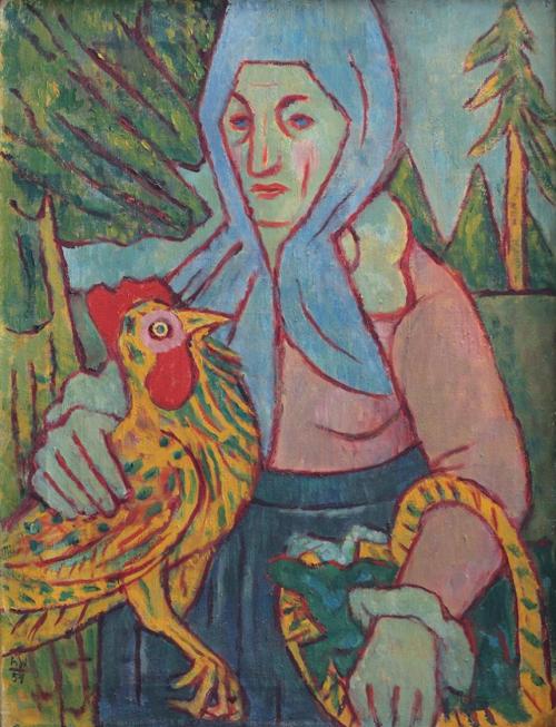 Alfred Wickenburg, Bäuerin mit Huhn I, 1954, Öl auf Leinwand, 65,5 × 45,5 cm, Privatbesitz, Gra ...