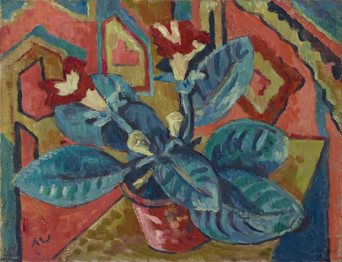 Alfred Wickenburg, Gloxinien mit Teppich, 1955, Öl auf Leinwand, 50 × 65 cm, Privatbesitz, Graz