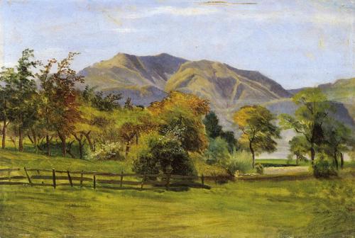 Tina Blau, Gebirgslandschaft im Herbst, um 1868, Öl auf Karton, 33 × 48,5 cm, unbekannter Verbl ...