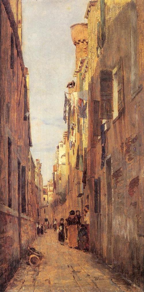 Tina Blau, Gasse in Venedig, um 1876/1877, Öl auf Holz, 41 × 21 cm, Privatsammlung, Steiermark