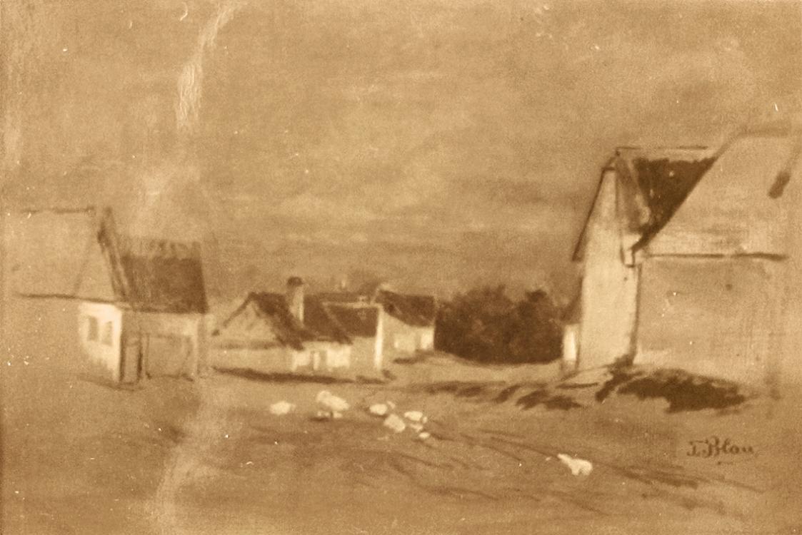 Tina Blau, Dorfstrasse mit Gänsen, um 1872, Öl auf Leinwand, 32 × 46,5 cm, unbekannter Verbleib