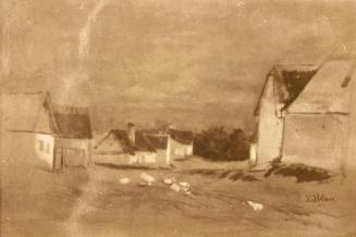 Tina Blau, Dorfstrasse mit Gänsen, um 1872, Öl auf Leinwand, 32 × 46,5 cm, unbekannter Verbleib