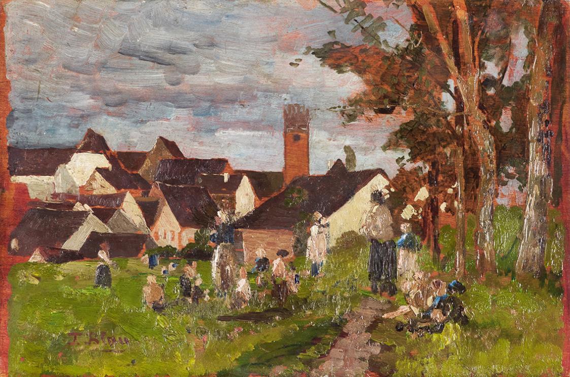 Tina Blau, Kinder vor süddeutschem Städtchen (Landsberg am Lech), 1883, Öl auf Holz, 17,9 × 27  ...