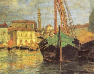 Tina Blau, Fischerhafen in Pirano, 1913, Öl auf Karton, 32 × 40 cm, Privatbesitz, Wien