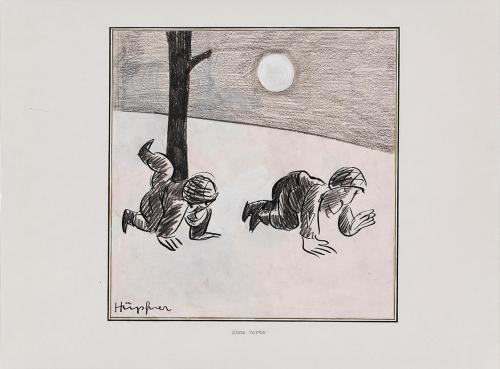 Kurt Hüpfner, Ohne Worte, 1957, schwarze Kreide, Tusche und Deckweiß auf Papier, kaschiert auf  ...