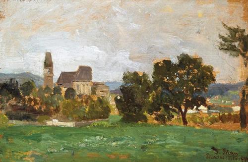 Tina Blau, Kirche in Perchtoldsdorf, 1896, Öl auf Holz, 17,5 × 26,5 cm, Kunsthandel Runge, Linz