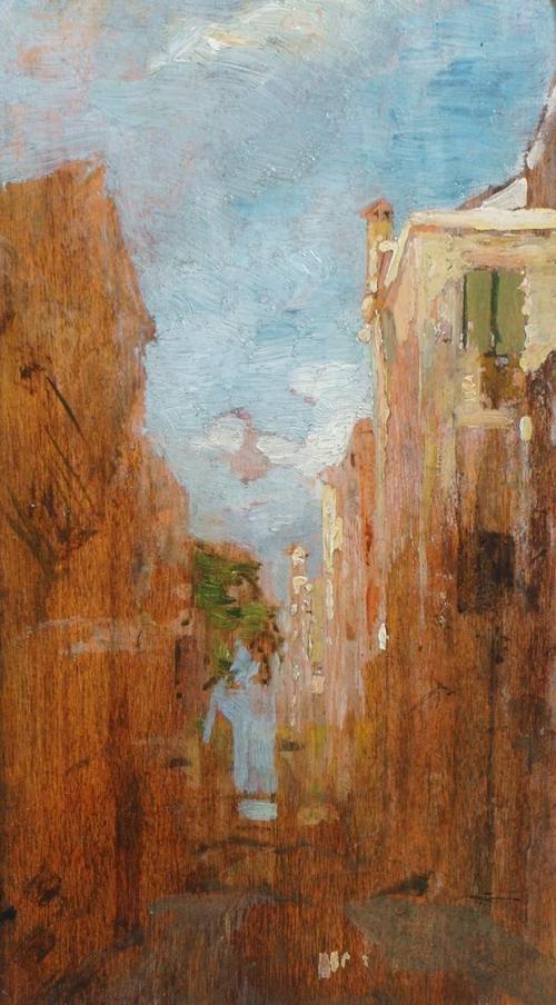 Tina Blau, Kleiner Kanal in Venedig, 1876/1879, Öl auf Holz, 21,5 × 12 cm, Privatbesitz, Wien