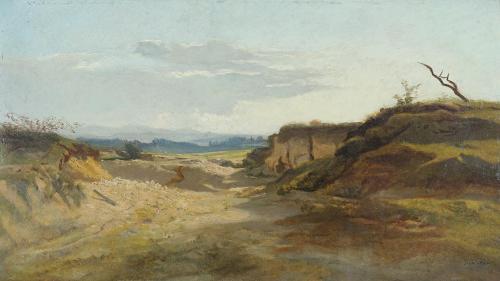 Tina Blau, Terrainstudie (Polling), 1869, Öl auf Papier, 28,5 × 50 cm, Privatbesitz, Wien