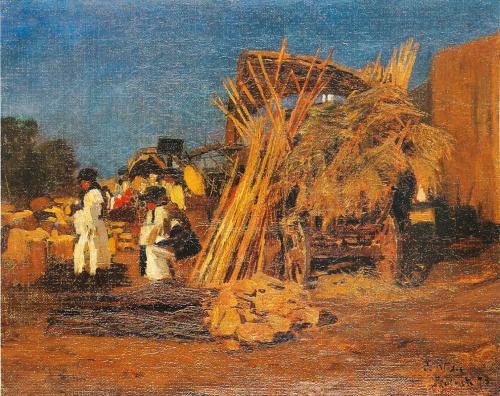 Tina Blau, Markttag in Szolnok, 1873, Öl auf Leinwand, 25 × 30,4 cm, unbekannter Verbleib