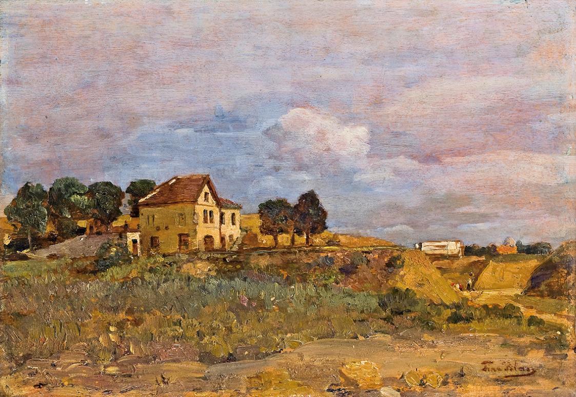 Tina Blau, Letztes Haus auf der Türkenschanze, 1911/1913, Öl auf Holz, 23 × 33 cm, Privatbesitz ...