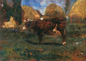 Tina Blau, Kuh vor Heuhaufen, 1887, Öl auf Holz, 26,5 × 36,5 cm, Galerie Altstadt, Krems