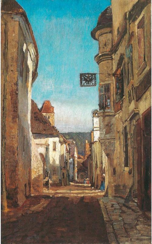 Tina Blau, Strasse in Dürnstein, 1909, Öl auf Leinwand, doubliert, 45,5 × 28,5 cm, Privatsammlu ...