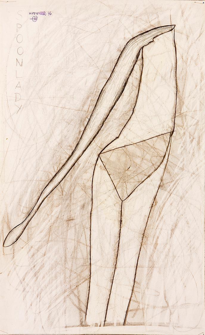 Kurt Hüpfner, Spoonlady, 1976, Schwarze Kreide auf Papier, 74,5 × 46 cm, Privatbesitz, Wien