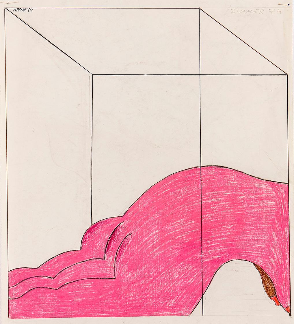 Kurt Hüpfner, Zimmer 74, 1974, Kreide und Filzstift auf Papier, 53,5 × 48 cm, Privatbesitz, Wie ...