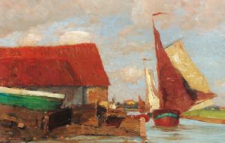 Tina Blau, Hafen in Volendam, 1905, Öl auf Holz, 18 × 27,5 cm, unbekannter Verbleib