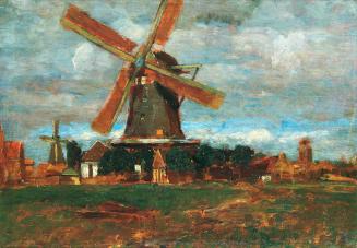 Tina Blau, Zwei Mühlen. Dordrecht, 1907, Öl auf Holz, 24 × 33 cm, Privatbesitz, Courtesy Kunsta ...