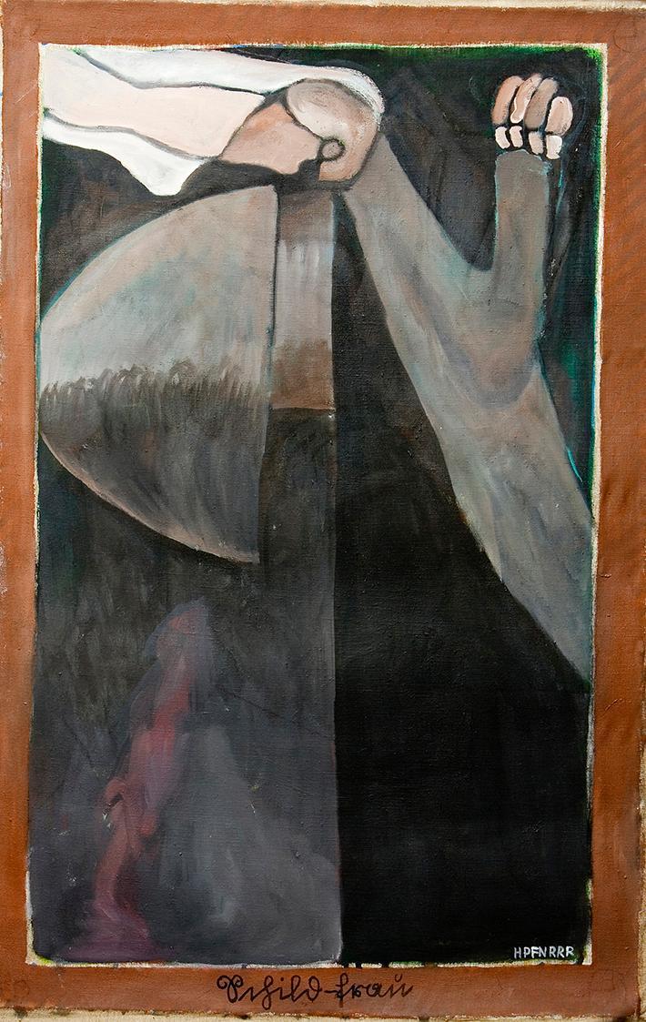 Kurt Hüpfner, Schildfrau, 1993, Acryl auf Leinen, 84 × 55 cm, Privatbesitz, Wien