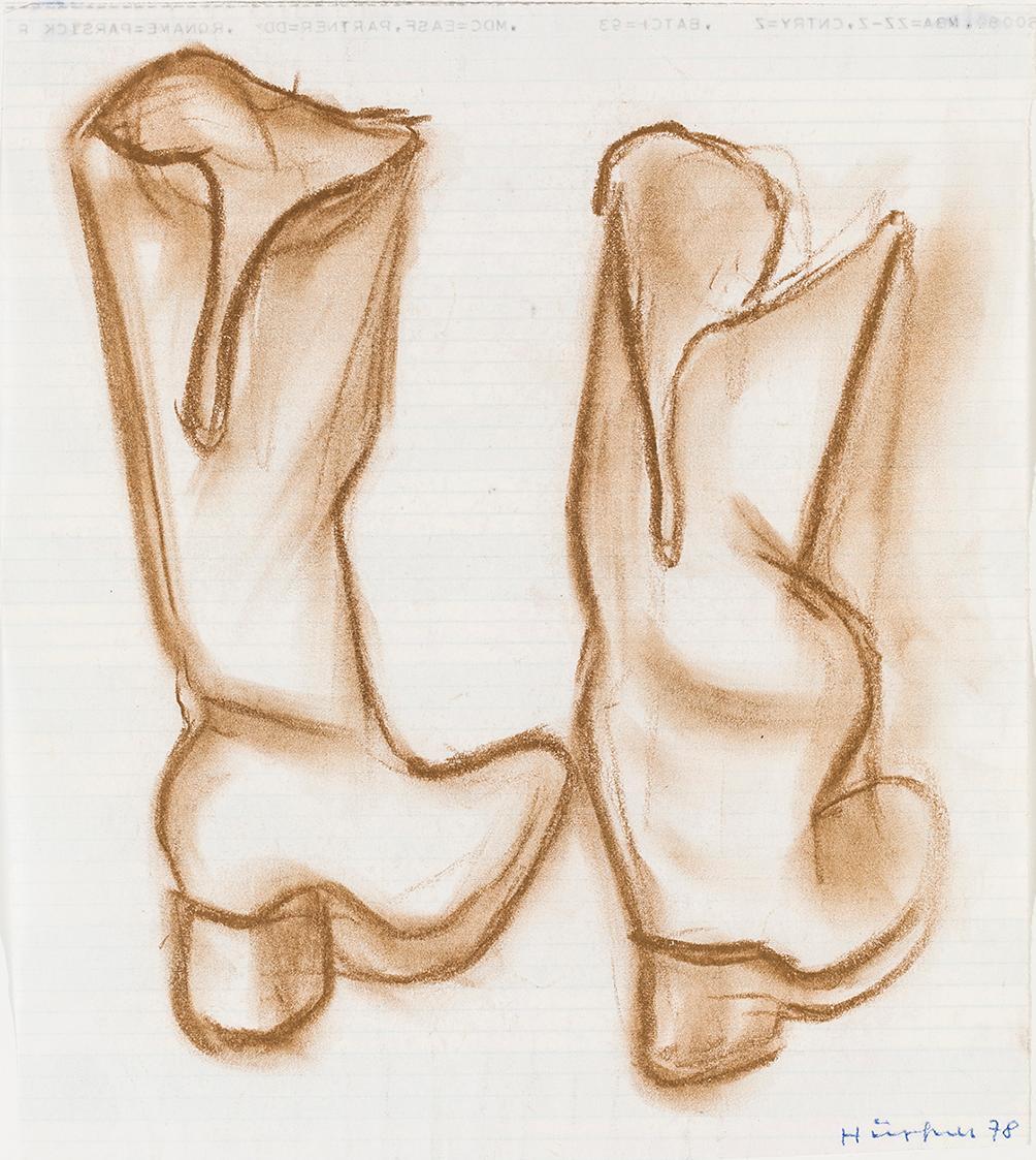 Kurt Hüpfner, Ohne Titel, 1978, braune Kreide auf Papier, kaschiert auf Karton, 22,6 × 20 cm, P ...