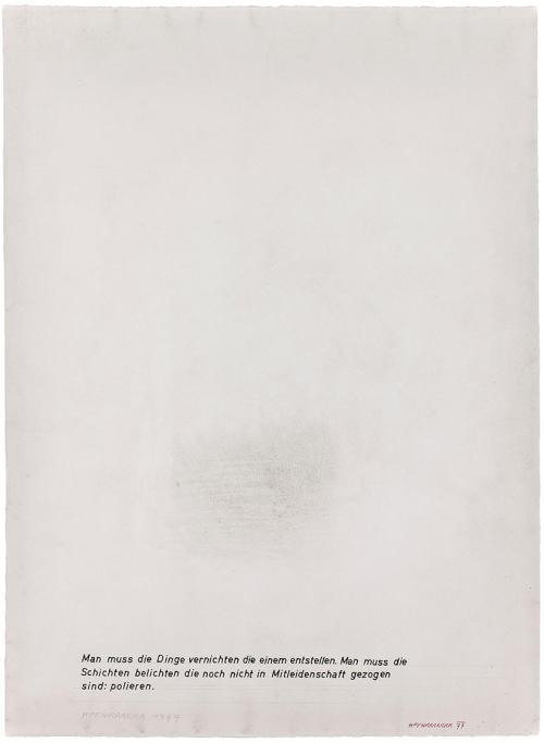 Kurt Hüpfner, Ohne Titel, 1977, Schwarze Kreide auf bedrucktem Papier, 65,5 × 47,9 cm, Privatbe ...