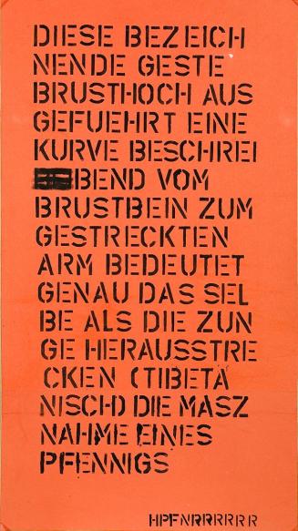 Kurt Hüpfner, Ohne Titel, um 1975, Schablonenschrift auf orangefarbenem Papier, 88,5 × 50 cm, P ...