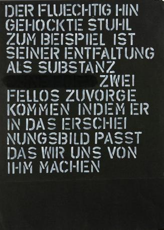 Kurt Hüpfner, Ohne Titel, 1976, Schablonenschrift mit Deckweiß auf schwarzem Papier, 59,4 × 42  ...