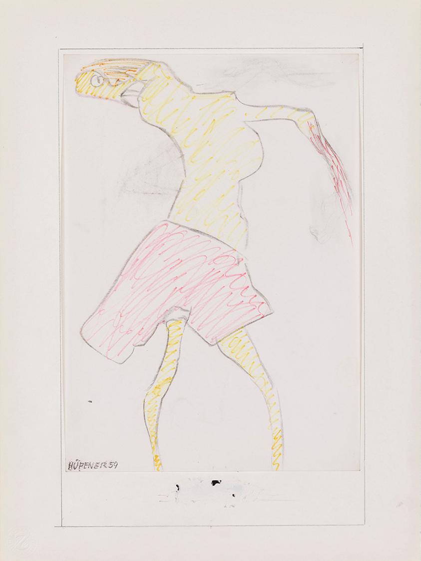 Kurt Hüpfner, Ohne Titel, 1959, Buntstift auf Papier, kaschiert auf Karton, 29,7 × 21 cm, Priva ...