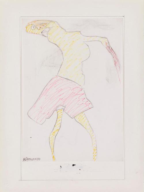 Kurt Hüpfner, Ohne Titel, 1959, Buntstift auf Papier, kaschiert auf Karton, 29,7 × 21 cm, Priva ...
