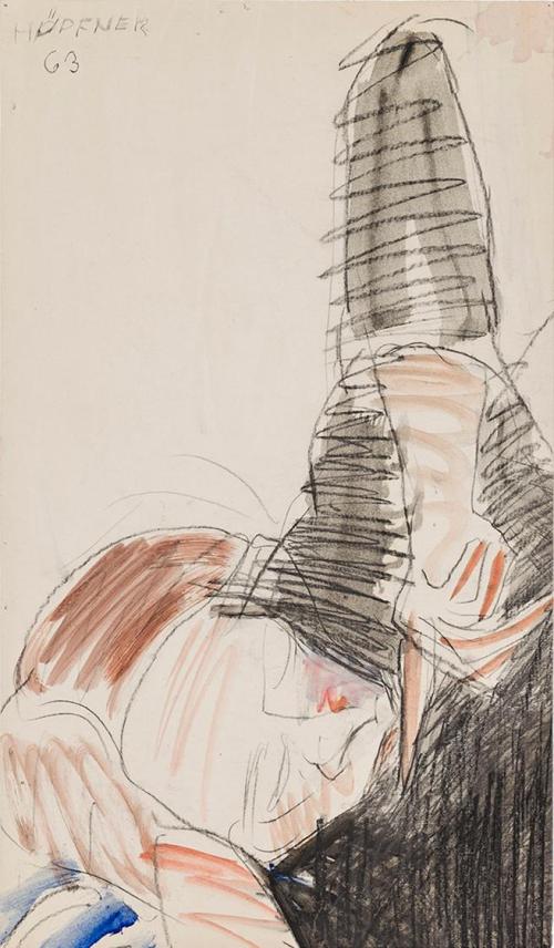 Kurt Hüpfner, Ohne Titel, 1963, Schwarze Kreide und Aquarell auf Papier, 51 × 29,6 cm, Privatbe ...