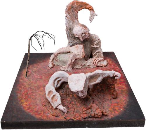 Kurt Hüpfner, Blätterfall, 2010, Terrakotta, Engobe, Gips, Acrylfarbe, 28 × 38,5 × 39 cm, Priva ...